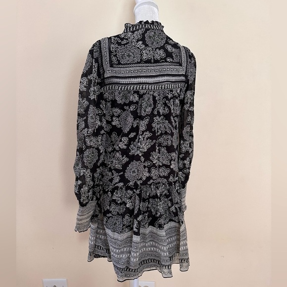 Veronica Beard Black White Floral Silk Dress Lined Long Sleeve Bow Ruffle - Picture 6 of 10